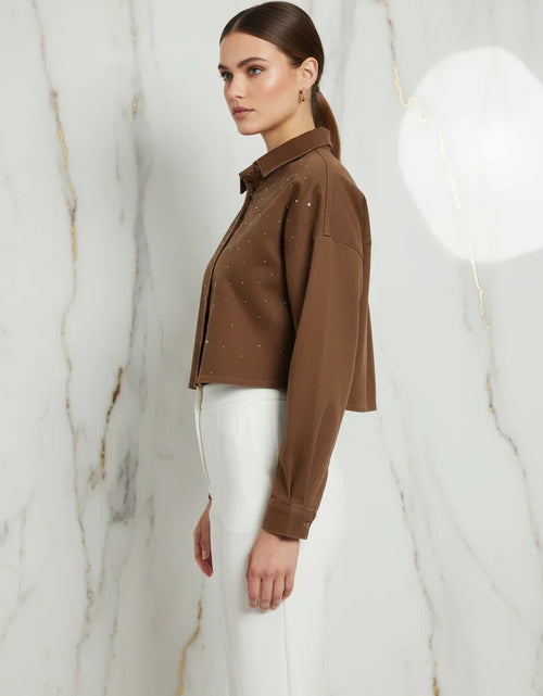 Load image into Gallery viewer, IVORYNN Women's Brown Rhinestone Button-Up Cropped Shirt
