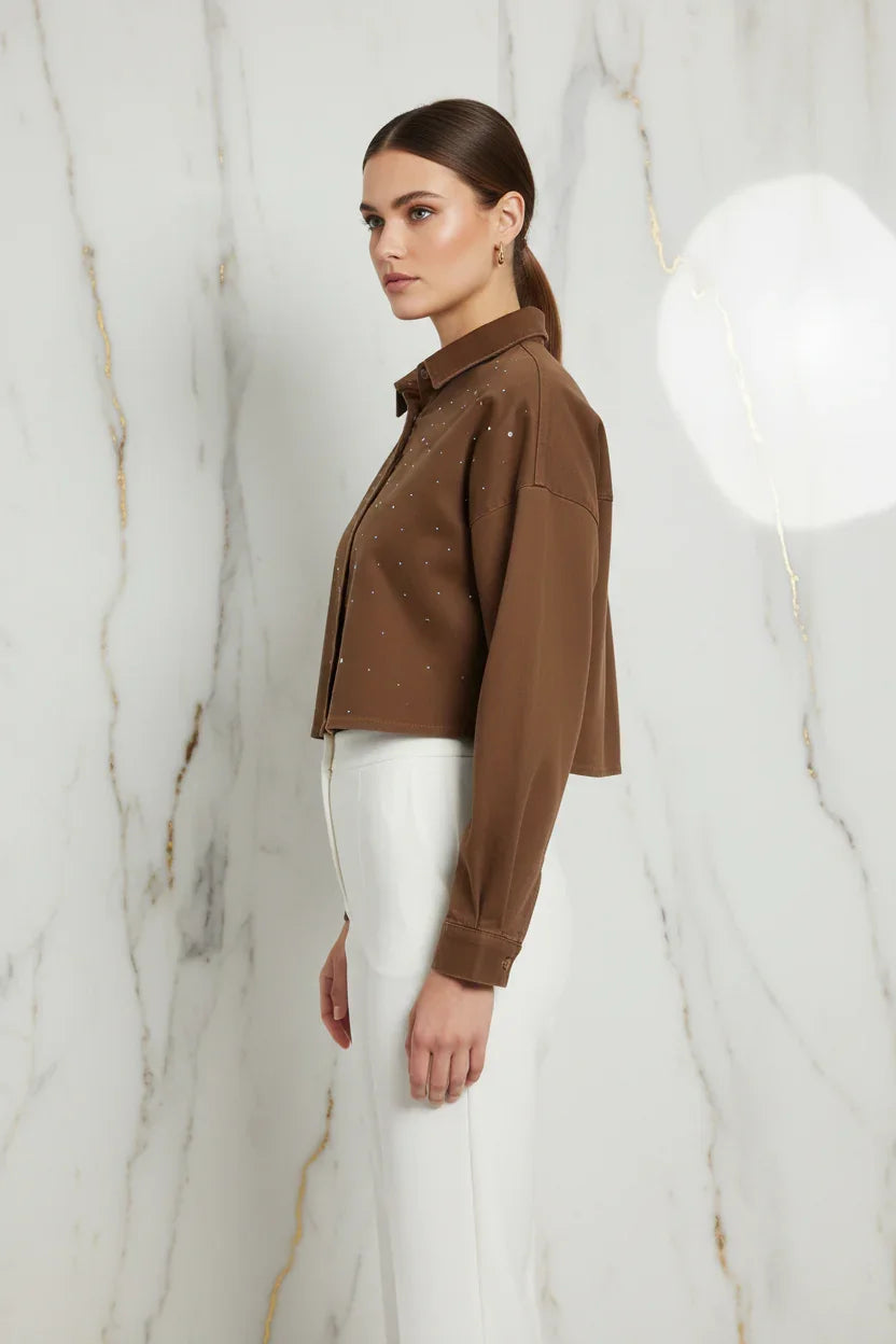 IVORYNN Women's Brown Rhinestone Button-Up Cropped Shirt