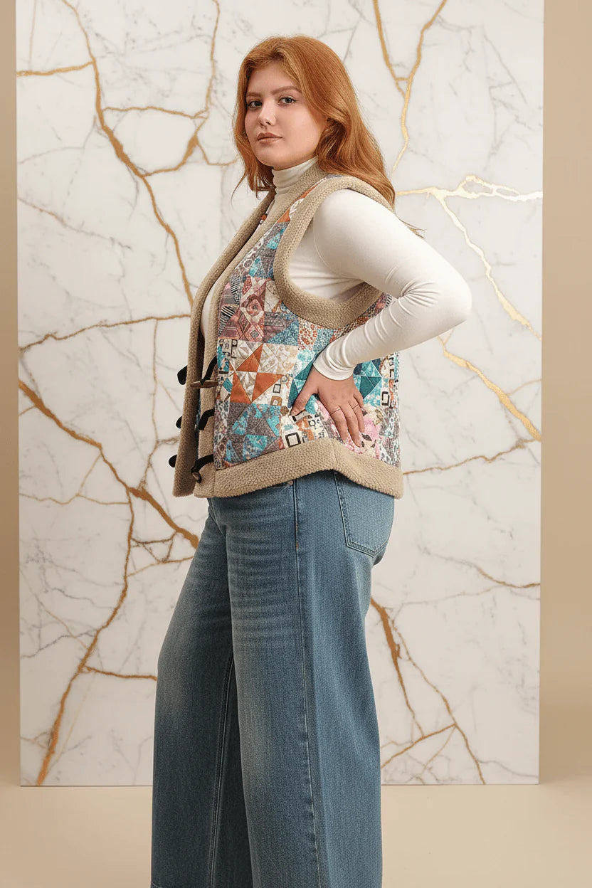 Ivorynn Plus Size Sherpa Vest – Boho Patchwork Sleeveless Jacket with Toggle Buttons