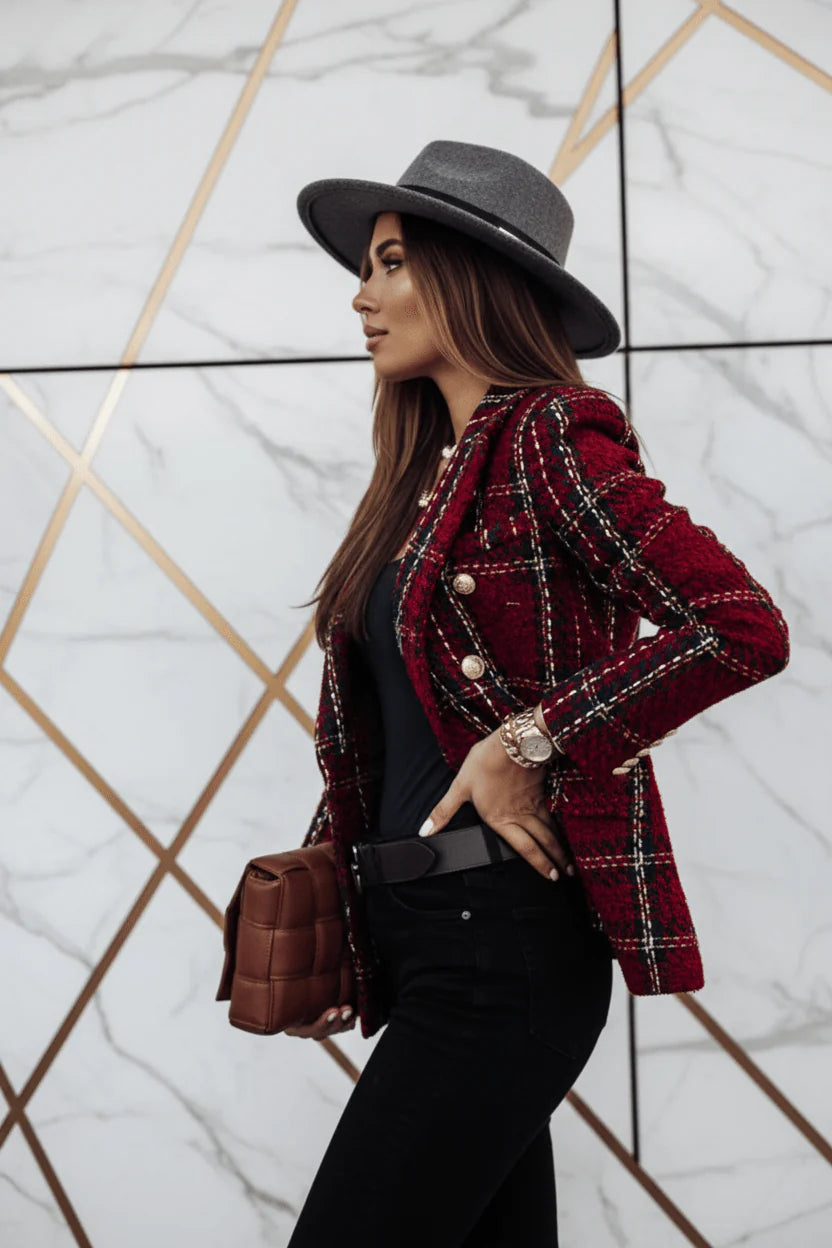 Evorin Women's Plus Size Double Breasted Burgundy Blazer