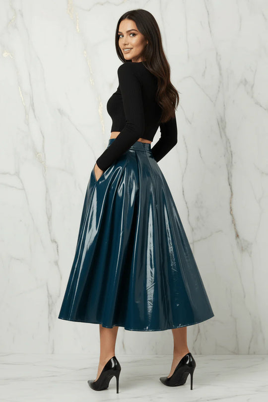 Ivorynn Women's Shiny Blue Midi Skirt