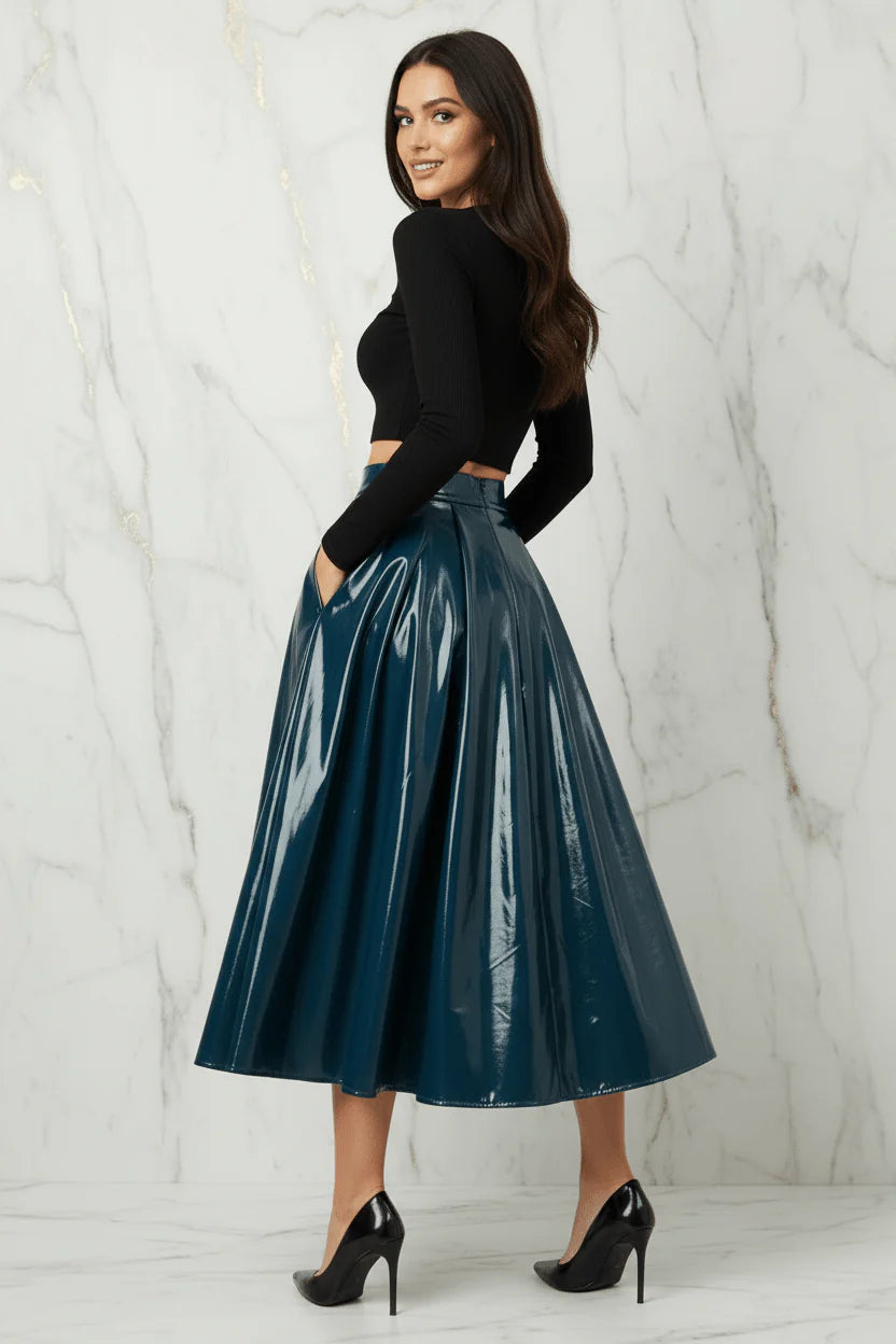 Evorin Women's Shiny Blue Midi Skirt