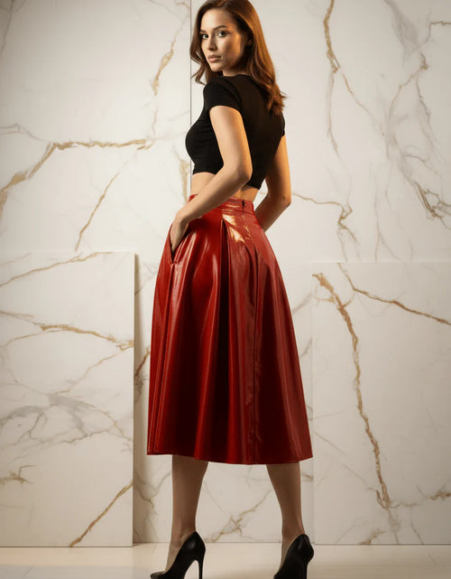 Load image into Gallery viewer, Evorin Women's Shiny Red Midi Skirt
