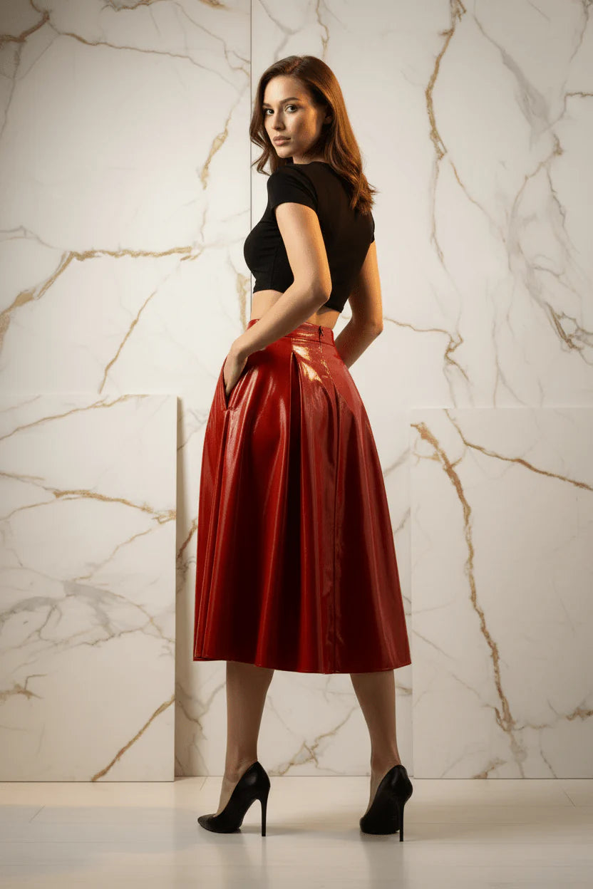Evorin Women's Shiny Red Midi Skirt