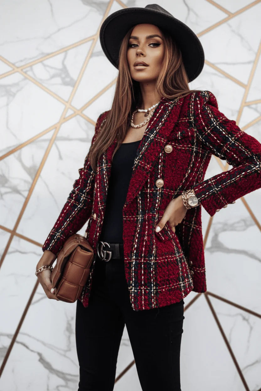 Evorin Women's Plus Size Double Breasted Burgundy Blazer