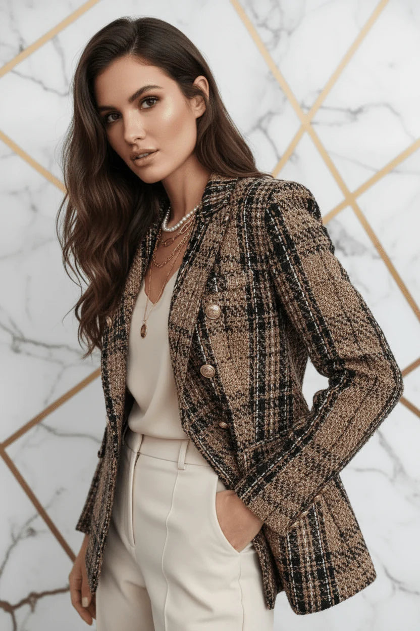 Evorin Women's Plus Size Double Breasted Brown Blazer