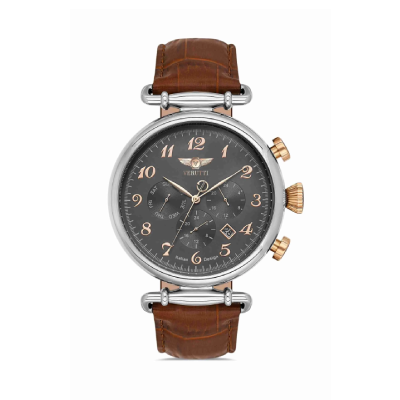 تحميل الصورة إلى عارض المعرض، Men’s Luxury Watch – Verutti VR-1026-1 Brown Leather Strap &amp; Black Dial
