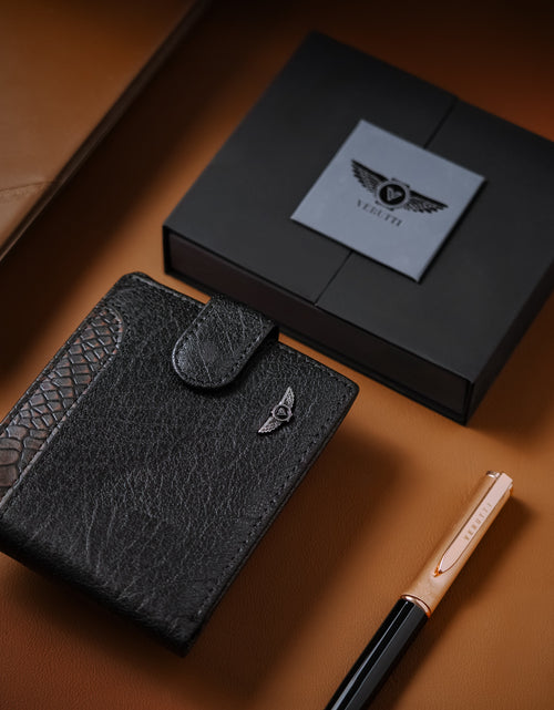 Load image into Gallery viewer, Men’s Genuine Leather Wallet – Black with Textured Trim –VRW-5001-1
