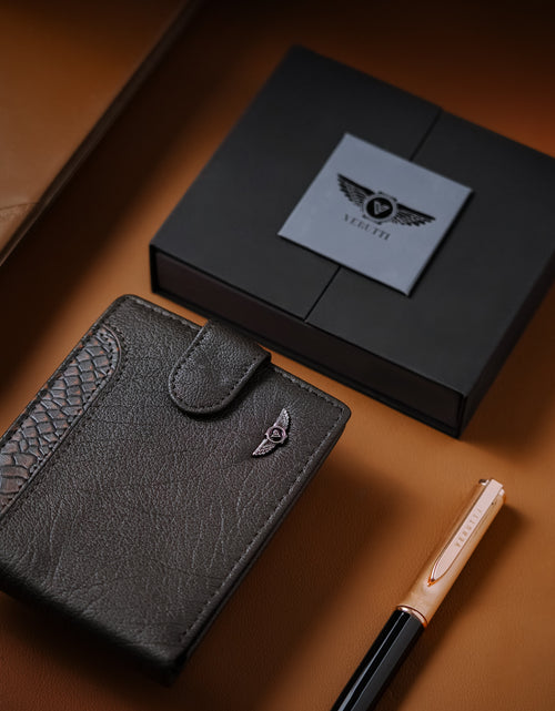 تحميل الصورة إلى عارض المعرض، Men’s Genuine Leather Wallet – Brown with Textured Trim –VRW-5001-2
